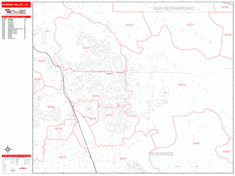 Moreno Valley Wall Map Zip Code Red Line Style 2024